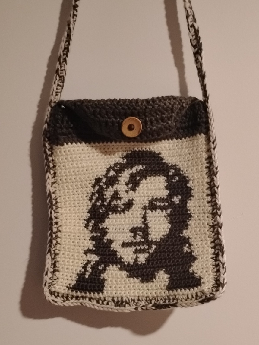 Hand-Crocheted Gray & Cream Portrait Crossbody Bag